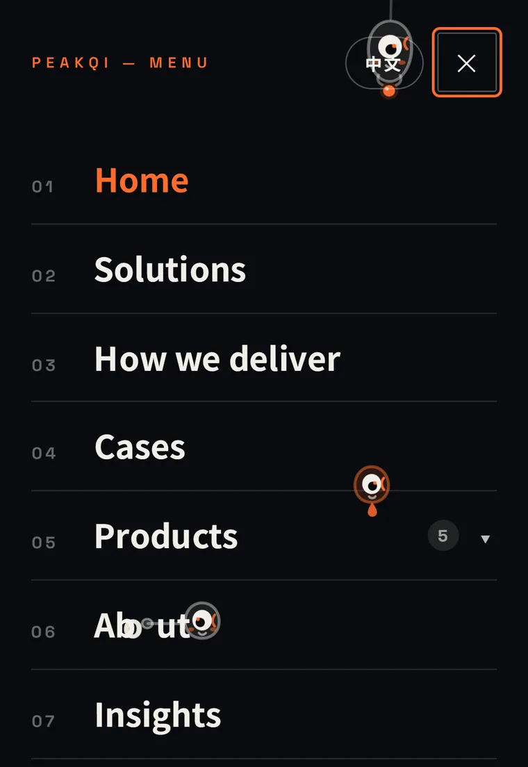 The mobile menu: one of the six creatures hanging off the language toggle, another dropping in between the links