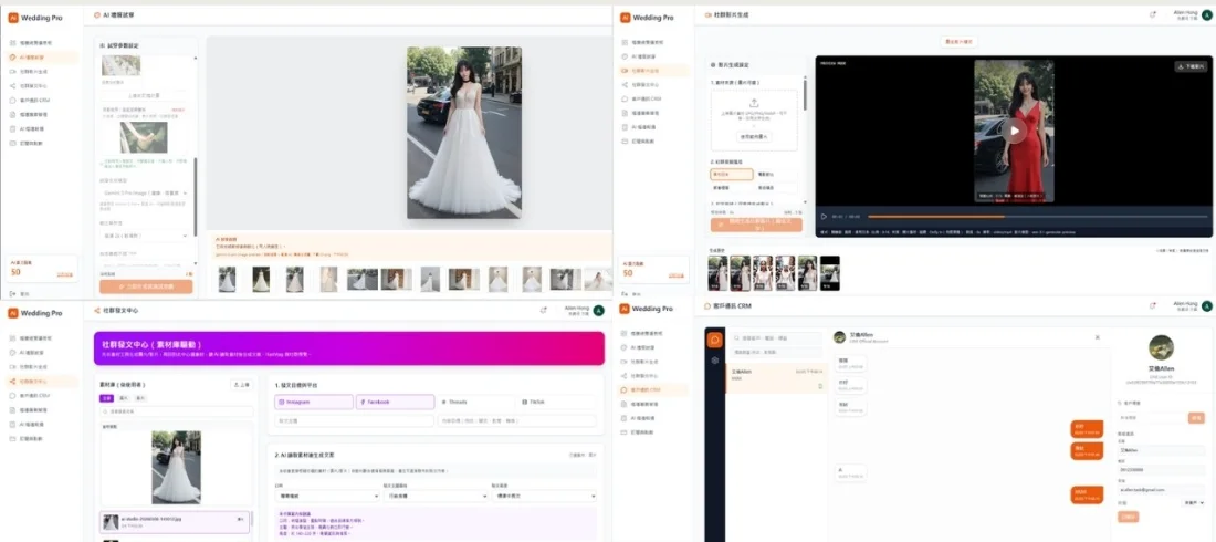 婚禮產業 AI 大禮包系統畫面:婚紗試穿模擬、社群發文中心與客戶續談 CRM