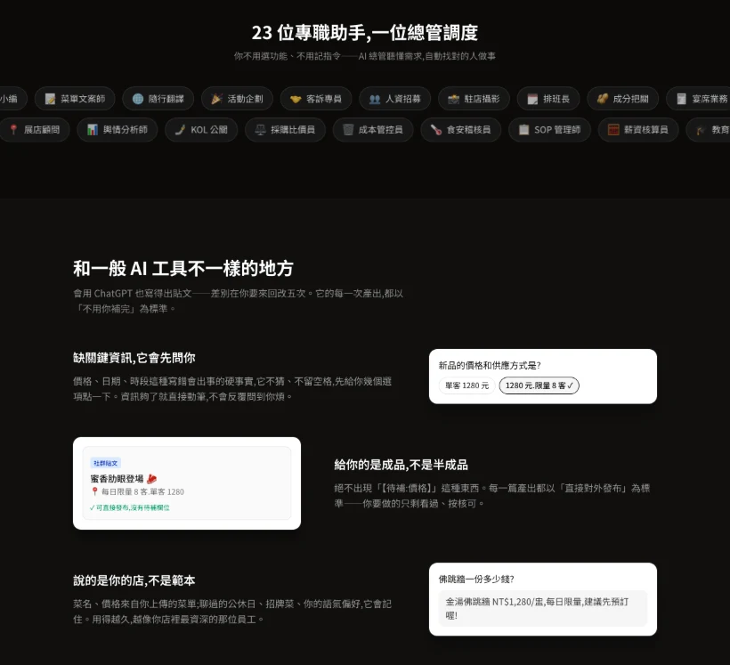 Zhanggui AI — 23 specialist assistants under one manager; asks when info is missing, delivers finished pieces